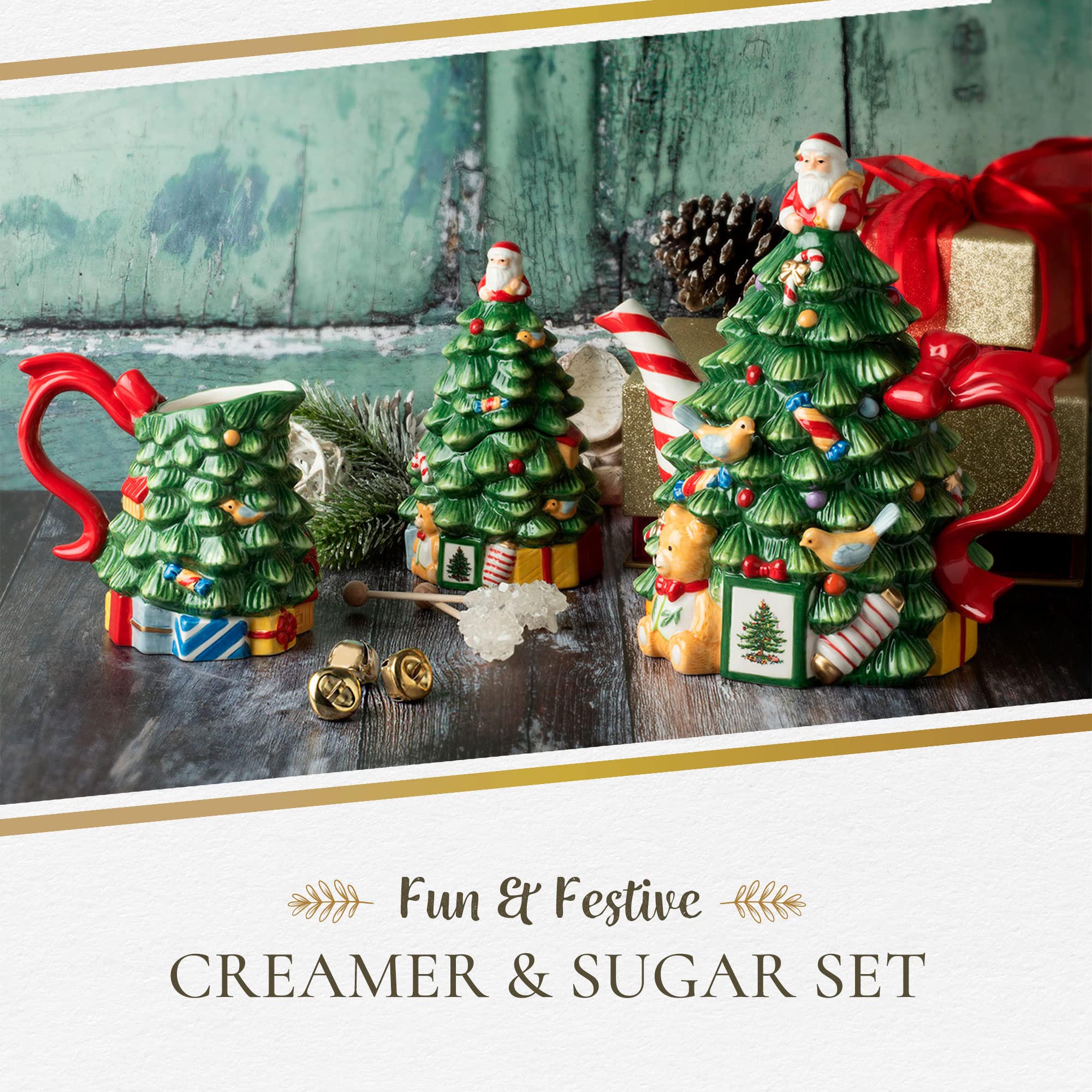Spode Christmas Tree Sugar And Creamer Set | Set Of Figural Tree Creamer Jug And Sugar Jar | Made Of Fine Dolomite | 7.4-Ounce C